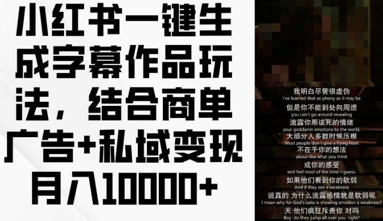 小红书一键生成字幕作品玩法，结合商单广告+私域变现月入1w+【揭秘】-追梦聊项目