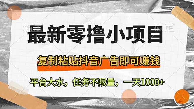 最新零撸小项目，复制粘贴抖音广告即可赚钱，平台大水，任务不限量，一…-追梦聊项目