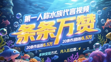 第一人称水族代言视频，条条万赞，20条作品涨粉7.8W，多种变现方式月入五位数-追梦聊项目