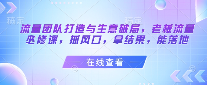 流量团队打造与生意破局，老板流量必修课，抓风口，拿结果，能落地-追梦聊项目