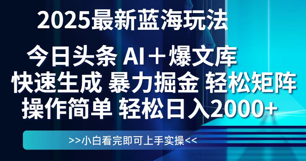今日头条2025最新蓝海玩法，思路简单，复制粘贴，轻松实现矩阵日入2000+-追梦聊项目