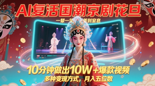 AI复活国潮京剧花旦，一颦一笑美到窒息，10分钟做出10W+爆款视频，多种变现方式，月入五位数-追梦聊项目