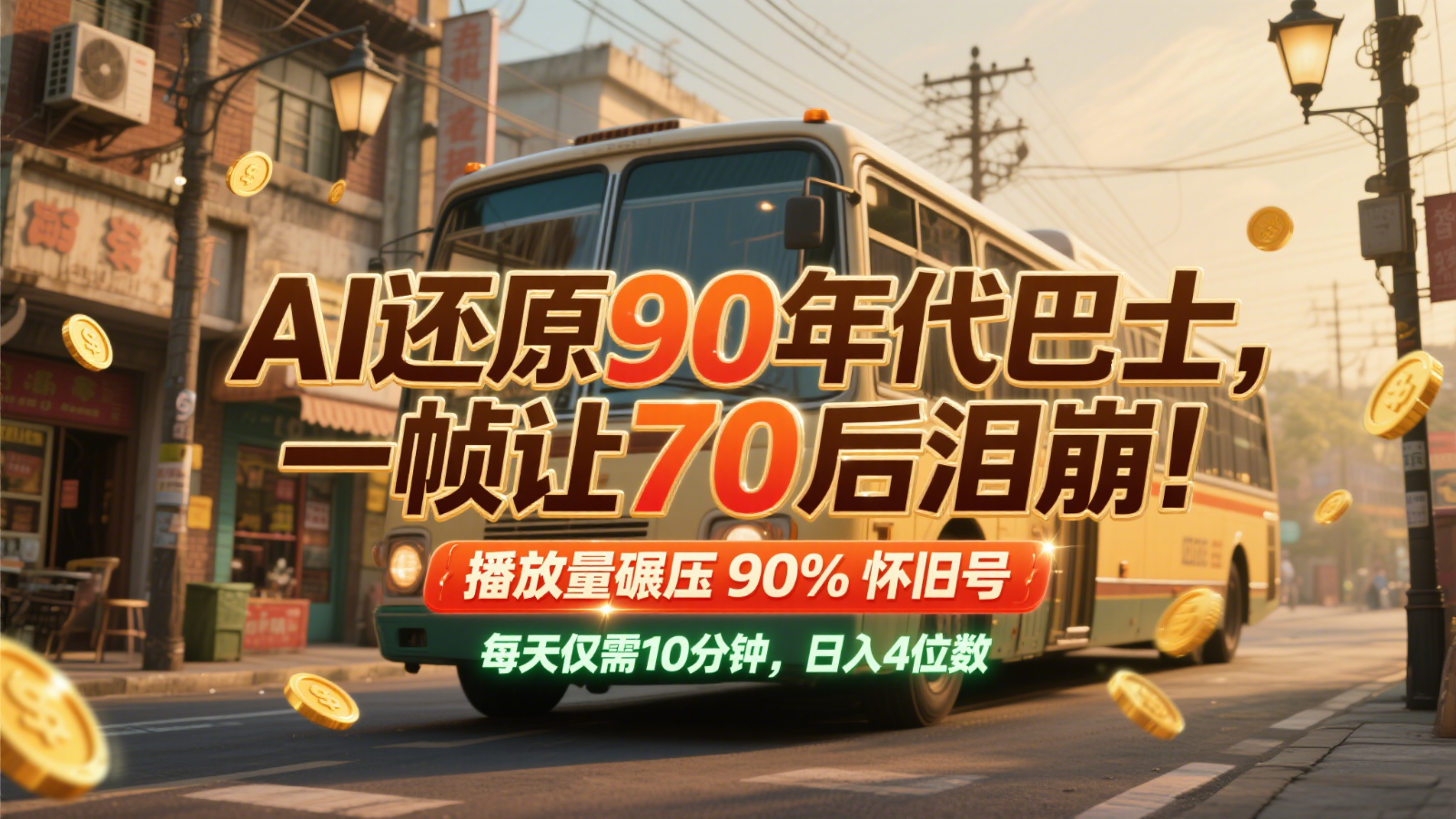 AI还原90年代巴士，一帧让70后泪崩！播放量碾压90%怀旧号，每天10分钟，日入4位数-追梦聊项目