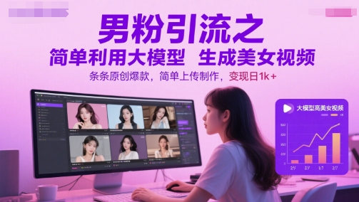男粉引流之简单利用大模型生成美女视频，条条原创爆款，简单上传制作，变现日1k+-追梦聊项目
