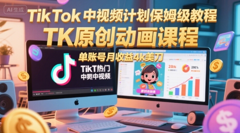 TikTok中视频计划保姆级教程，TK原创动画课程，单账号月收益4k美刀-追梦聊项目