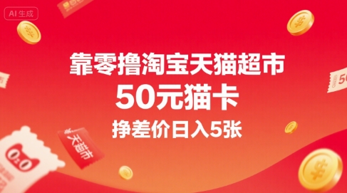 靠零撸淘宝天猫超市50元猫卡，挣差价日入5张-追梦聊项目