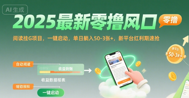 2025最新零撸风口，阅读挂G项目，一键启动，单日躺入 50-3张+，新平台红利期速抢【揭秘】-追梦聊项目