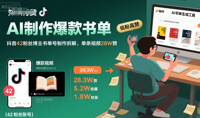AI制作爆款书单，抖音42粉丝博主书单号制作拆解，单条视频28W赞-追梦聊项目