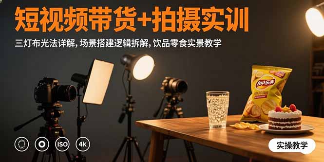 短视频带货+拍摄实训：三灯布光法详解,场景搭建逻辑拆解,饮品零食实景教学-追梦聊项目