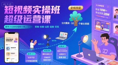 短视频实操班超级运营课，新手小白到短视频大神必修课程，剪辑-拍摄-运营-直播-变现-追梦聊项目