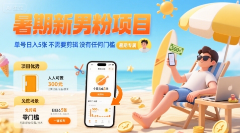 暑期新男粉项目 单号日入5张 不需要剪辑 没有任何门槛-追梦聊项目