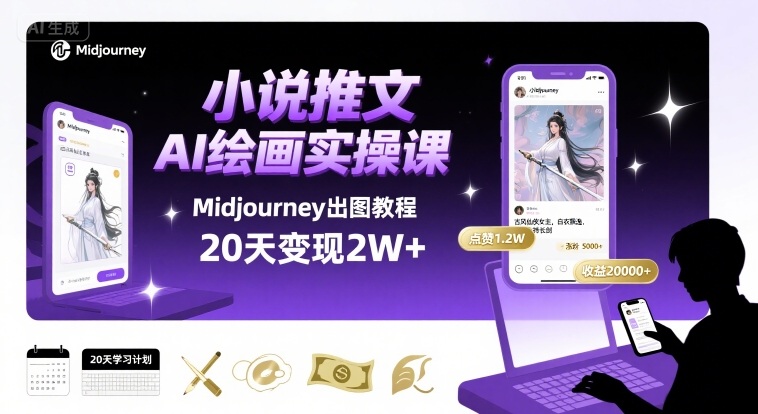 小说推文干货分享之AI绘画MJ出图实操课，用Midjourney做小说推文，20天挣2w-追梦聊项目
