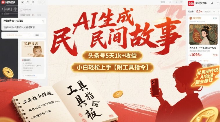 AI生成民间故事，头条号5天1k+，小白轻松上手【附工具指令】-追梦聊项目