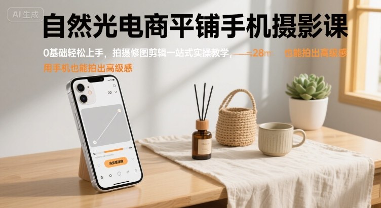 自然光电商平铺手机摄影课，0基础轻松上手，拍摄修图剪辑一站式实操教学，用手机也能拍出高级感-追梦聊项目