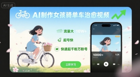 AI制作女孩骑单车治愈视频，流量大，起号快，快速起千粉万粉号-追梦聊项目