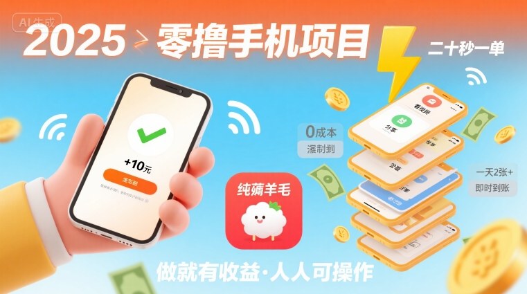 2025年零撸手机项目，二十秒一单，纯薅羊毛 一天2张+做就有-追梦聊项目