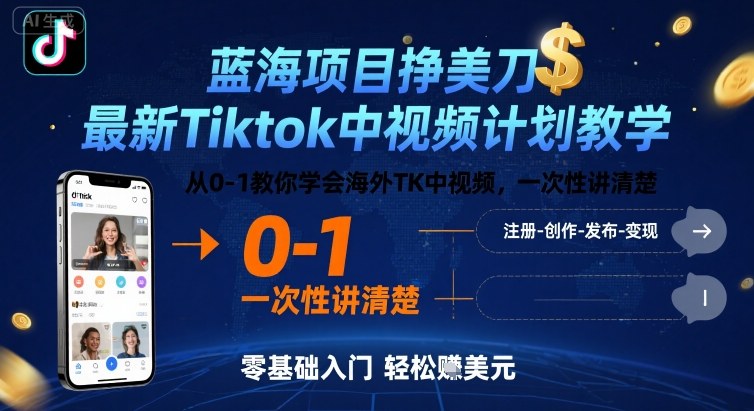 蓝海项目挣美刀，最新Tiktok中视频计划教学，从0-1教你学会海外TK中视频，一次性讲清楚-追梦聊项目