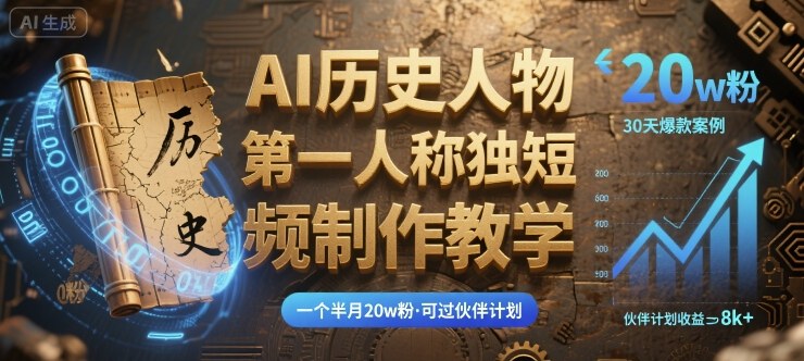 最新AI历史人物第一人称独白短视频制作教学，一个半月20w粉，可过伙伴计划-追梦聊项目