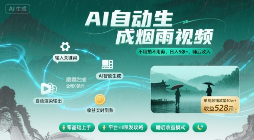 不用拍不用剪！AI自动生成烟雨视频，日入5张+，睡后收入-追梦聊项目