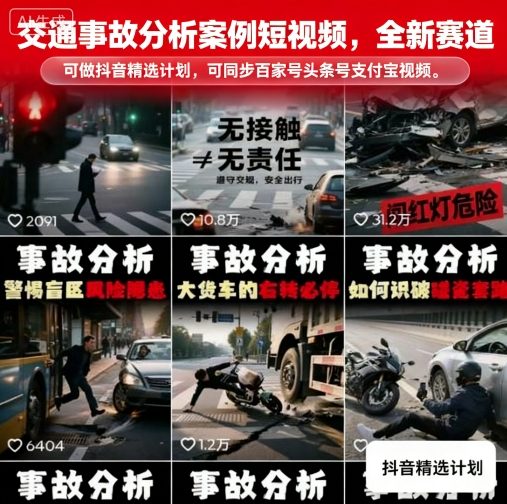 交通事故分析案例短视频，全新赛道，可做抖音精选计划，可同步百家号头条号支付宝视频号平台-追梦聊项目