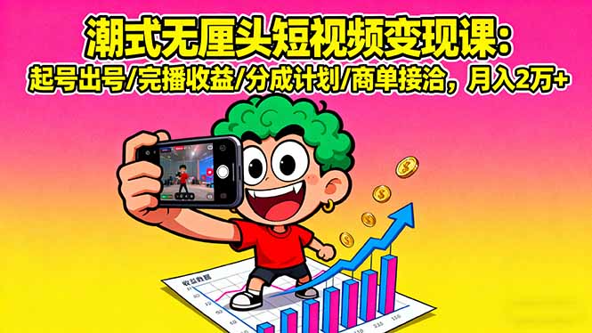 潮式无厘头短视频变现课：起号出号/完播收益/分成计划/商单接洽，月入2万+-追梦聊项目
